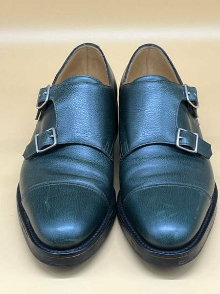 美品 JOHN LOBB ジョンロブ UK6.5 E ダブルモンク WILLIAM ウィリアム キャップトゥ グリーン 緑 green grain calf monk strap shoe 本革