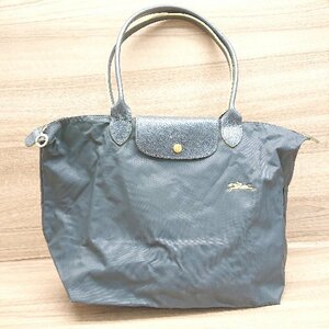 ◇ LONGCHAMP ロンシャン シンプル ロゴ刺繍 フランス製 トート ハンド バッグ ダークグレー レディース E