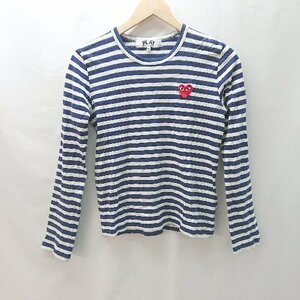 ◇ PLAY COMME des GARCONS 胸元ハートワッペン ボーダー柄 薄手 長袖 Tシャツ サイズM ネイビー ホワイト レディース E