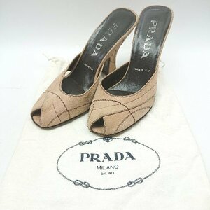 ◇ PRADA プラダ チャンキ－ヒール レトロ感 オ－プントゥサンダル サイズ35 ピンクベ－ジュ系 レディース E