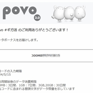 povo2.0 プロモコード 300MB 入力期限2024/05/15 即決 格安￥47の画像1