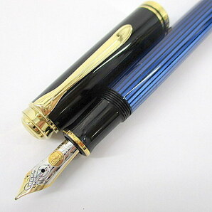 1円★ Pelikan ペリカン 万年筆 スーベレーン M600 F 14C-585 ブルー ストライプ 縞 13.4cm 筆記具 文房具 文具 箱付 美品 インク切れ 中古の画像2