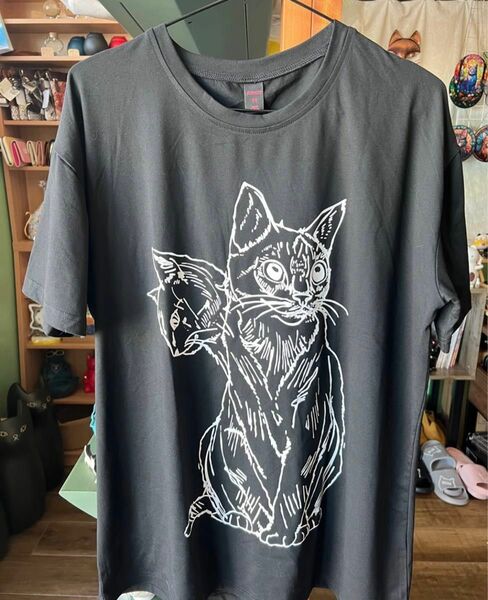 ブラック・（猫モチーフ雑貨）・Tシャツ・レディースL・猫雑貨・ねこ・ネコ