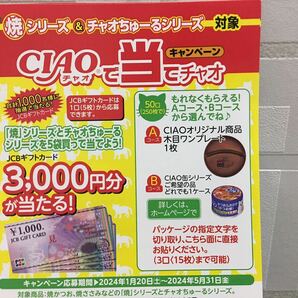 送料63円～ いなば ちゅーる チャオで当てチャオキャンペーン CIAO 応募券 20枚(4口分) 応募はがき5枚 JCBギフトカード3000円分が当たる！の画像2