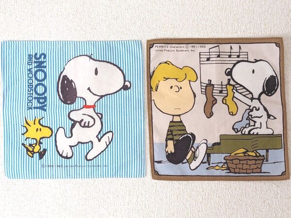 《スヌーピー(SNOOPY)ミニハンカチセット》青系&ベージュ系、ストライプ柄、昭和レトロ、ヴィンテージ