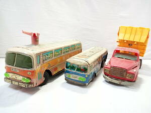 [ Showa Retro ]ICHIKO Ichiko tin plate bus contains tin plate toy total 3 point set / tin plate dump car / that time thing / Tomei express bus / National Railways bus /TOYOTA/124-RDE41