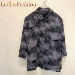 LadiesFashion　大きめブラウス　波線柄　七分袖　XL　13号　黒