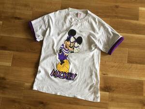 80s アメリカ製 ヴィンテージ DISNEY ディズニー Tシャツ MICKEY ミッキー 発泡プリント Sサイズ 100%COTTON 綿 袖ダブルフェイス 杢グレー