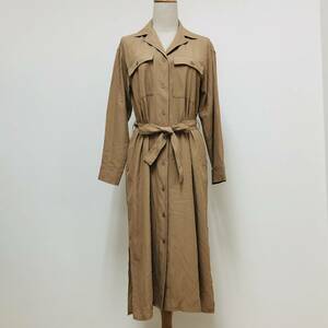 a04015 美品 UNIQLO ユニクロ シャツワンピース ミディ丈 薄手 オープンカラー S ベージュ 無地 レディース エレガントガーリーチック