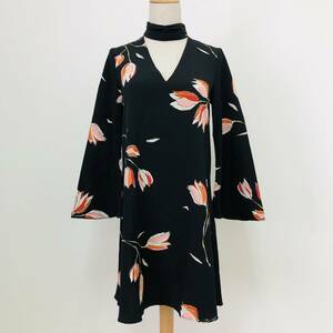 a04100 beautiful goods ZARA BASIC Zara Basic tunic volume sleeve thin S black floral print lady's retro сhick elegant ga- Lee сhick 