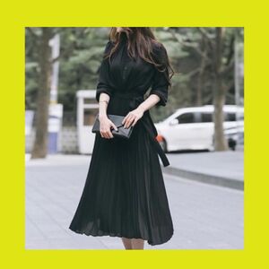 【新品】長袖ワンピース シフォンプリーツ 韓国 ブラック L　ドレス　春服
