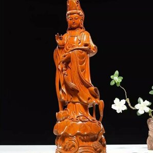 美品★仏教美術 木彫仏像 精密細工 木彫り 花梨木 天然木 置物 観音菩薩像 仏像 高さ50cmの画像1