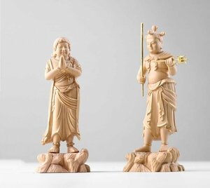 新品★不動明王脇士 二童子像（制多迦・矜羯羅）木彫り仏像 二童子 原木