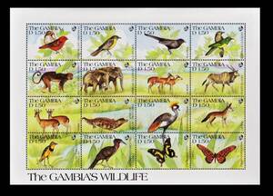 zα186y1-2g　ガンビア1991年　鳥など動物・16種シート