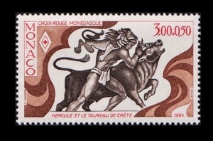 dσ6y5-6m　モナコ1984年　へラクサス十二の功業・クレータの牡牛・1枚完　MNH/A