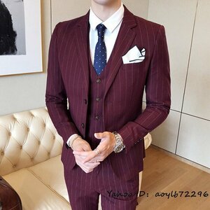 スリーピース 新品 スーツセット ストライプ柄 メンズ 結婚式 3点セット スタイリッシュ 二つボタン 細身 スリム 微ストレッチ レッド L