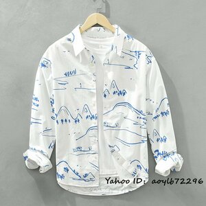 極美品*メンズシャツ 長袖シャツ 新品 アロハシャツ 山水画 ワイシャツ 総柄 シャツ ヴィンテージ 清涼 カジュアル 柔らか 心地良し XL