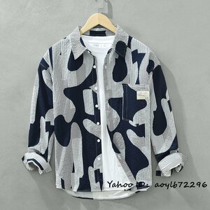 春新品 メンズシャツ 長袖シャツ アロハシャツ ワイシャツ 総柄シャツ シワ感 ヴィンテージ 清涼感 カジュアル 心地良し 美品 ネイビー 2XL