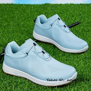 高級品◆GOLF靴 ゴルフシューズ 男女 スニーカー メンズ 運動靴 快適 防水スポーツシューズ 耐久性 4E幅広 カジュアル耐摩耗 ブルー 24.5cm