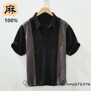 リネンシャツ メンズ 半袖シャツ 麻100% 切替 ワイシャツ 亜麻シャツ 夏新品 サマー 清涼感 カジュアル お洒落 心地良し 上品 ブラック 3XL