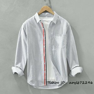 新品★長袖シャツ メンズ ワイシャツ ストライブ柄シャツ ボーダー 切替 超希少春夏トップス 心地良し 綿100％ カジュアル 細身グレー M