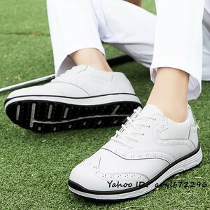 新品セール■ゴルフシューズ メンズ 通気性 彫り スニーカー Golf shoes ソフトスパイク靴 ワイドスポーツ 防水 防滑 耐磨 ホワイト 27cm