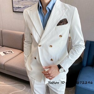 新品■スーツセット メンズ ダブルスーツ ストライプ柄 ビジネススーツ 上下セット シングルスーツ 二つボタン 紳士服 結婚式 ホワイト L