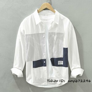 超美品■新品 メンズシャツ 切替 Tシャツ ストライプ柄 カジュアル 長袖シャツ 柔らか ワイシャツ 春夏秋シャツ お洒落 上質 ホワイト L