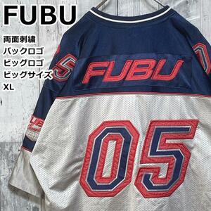 【入手困難】FUBU フブ 両面刺繍ロゴ XL ネイビー×グレー 切替デザイン ユニフォーム ゲームシャツ ユニフォームシャツ 90s