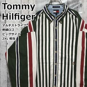 Tommy Hilfigerトミーヒルフィガー ストライプ 刺繍ロゴ 緑×紺×白 2XL相当 長袖シャツ