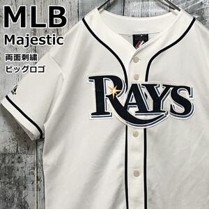 MLBタンパベイ・レイズ × Majestic マジェスティック 両面刺繍ロゴ 白 M相当 ゲームシャツ ベースボールシャツ ユニフォーム 90s