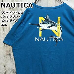 NAUTICA ノーティカ カジキ 魚柄 フィッシュ柄 バックロゴ バックプリント ビッグロゴ バックロゴ 水色 2XL Tシャツ 大きいサイズ