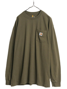 カーハート ポケット付き 長袖 Tシャツ メンズ XL / 古着 CARHARTT ロンT ワンポイント ポケT ロゴT ヘビーウェイト 大きいサイズ グリーン