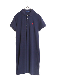  Ralph Lauren polo-shirt with short sleeves One-piece lady's L old clothes Polo dress smooth material cotton navy stretch one Point navy blue 