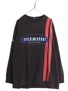 90s USA製 ポロスポーツ ラルフローレン プリント 長袖 Tシャツ メンズ XL オールド ポロ ロンT 大きいサイズ 黒 Pロゴ ワッペン ブラック