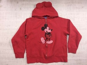 東京ディズニーリゾート Tokyo Disney RESORT ミッキー ビンテージプリント ジップアップ 耳付き スウェットパーカー レディース L 赤