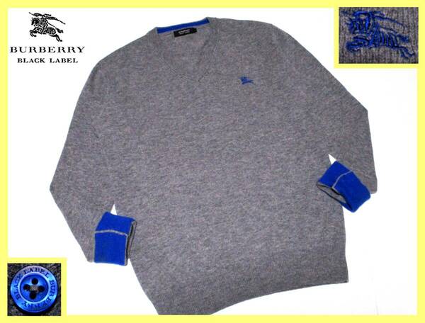 美品 バーバリーブラックレーベル ブルーホース刺繍 袖口裏ブルーデザイン カシミヤ混紡 Vネック ニットセーター サイズ M(2)