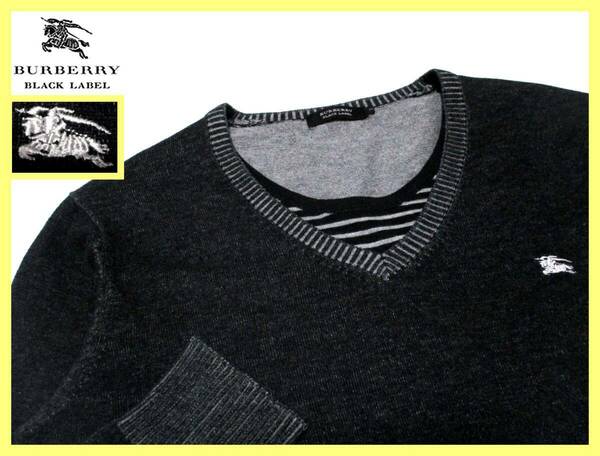 バーバリーブラックレーベル ホワイトホース刺繍 ネックボーダーレイヤードデザイン 羊毛混紡 ニットセーター サイズ M(2)