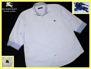 激レア特大サイズ LL(4) 美品 バーバリーブラックレーベル ネイビーホース刺繍 ストライプ総柄デザイン 7分袖 ストレッチシャツ