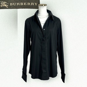 イタリア製☆美品☆BURBERRY バーバリー ドレスシャツ 長袖 襟付き S ブラック レディース 黒 ボタン刻印 MADE IN ITALY 比翼仕様