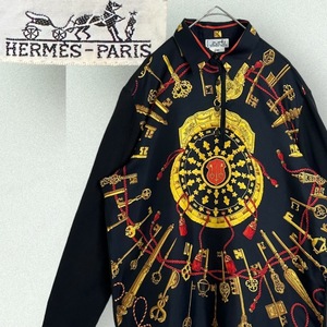 ☆人気デザイン☆HERMES ブラウス ツイルレーヌ 鍵柄 M LES CLES シルク カシミヤ ニット ドッキング 切替 異素材 正規店タグ 襟 ブラック