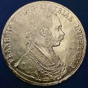 金貨 オーストリア帝国 硬貨 古銭 約15.15g フランツ・ヨーゼフ 1 世 1877年 クラウン 国章 紋章 双頭の鷲 4ダカット コイン 海外硬貨 の画像1