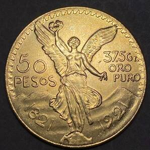 メキシコ古銭 50ペソ金貨 約20.79g大型 独立100周年 女神立像 1921年銘 古銭硬貨貨幣 レア記念 メダル コイン の画像1