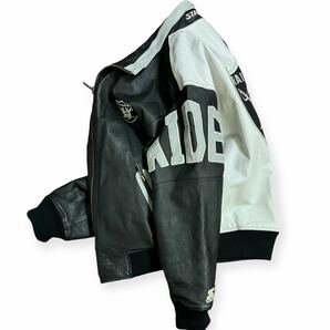 STARTER NFL 90s RAIDERS 刺繍ワッペン レザージャケット キルティングライナー 袖ロゴ 表記M着用感L オーバーサイズ 肩パッドありの画像3