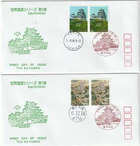 FDC　１９９４年　　世界遺産シリーズ　第１集　　８０円２貼２消し　　２通　　東京中央郵便局