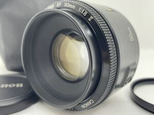 【AB 美品】 Canon EF 50mm F1.8 II　キヤノン EFマウント フロントキャップ　ポーチ　レンズフィルター　0033