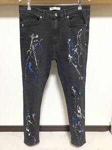 伸縮性抜群 春夏 ペイント ZARA MAN ウルトラ ストレッチ スキニー 送料230円 44 34 ダメージ デニム メンズ パンツ ジーンズ ブラック 黒