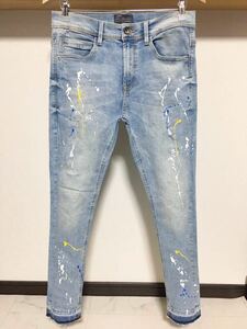 伸縮性強め 春夏 ペイント ZARA MAN ウルトラ ストレッチ スキニー 送料230円 40 31 ダメージ デニム パンツ メンズ ジーンズ ブルー