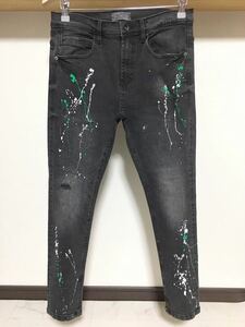 伸縮性抜群 春夏 ペイント ZARA MAN ウルトラ ストレッチ 送料230円 40 31 スキニー ダメージ デニム パンツ メンズ ジーンズ 黒