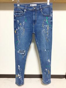 伸縮性抜群 春夏 ペイント ZARA MAN ウルトラ ストレッチ 送料230円 42 32 ストライプ スキニー ダメージ デニム メンズ パンツ ジーンズ